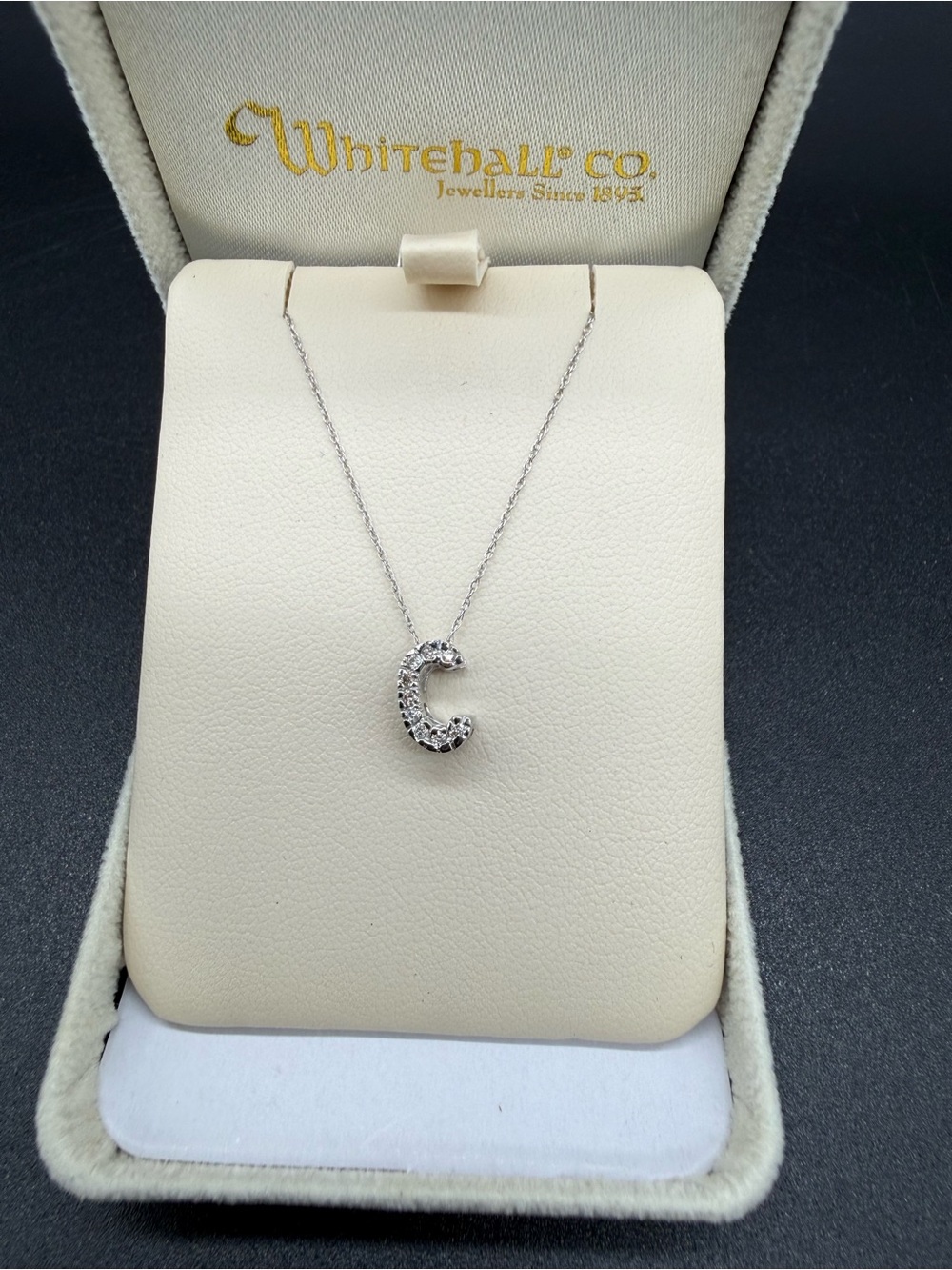 Whitehall 14K White Gold Initial C Pendant Necklace 16” Clear Stones 1.2g
